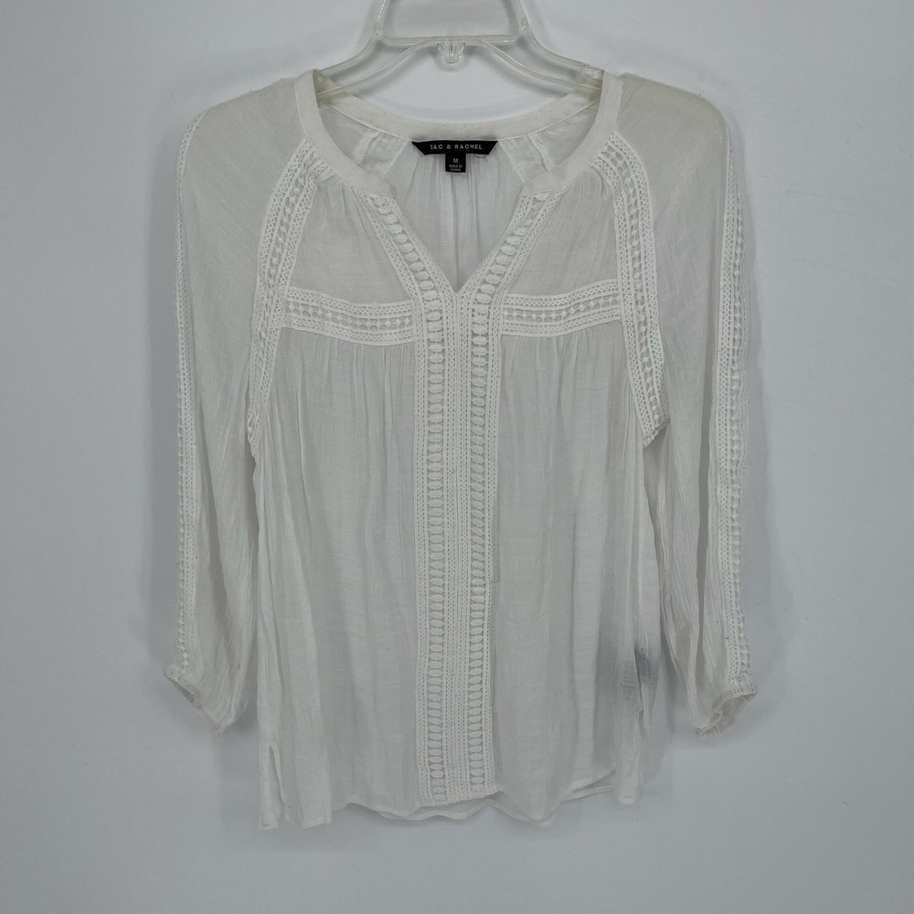 Zac & Rachel Women's White Crochet Trim V-Neck Gauze Peasant Boho Blouse Size M